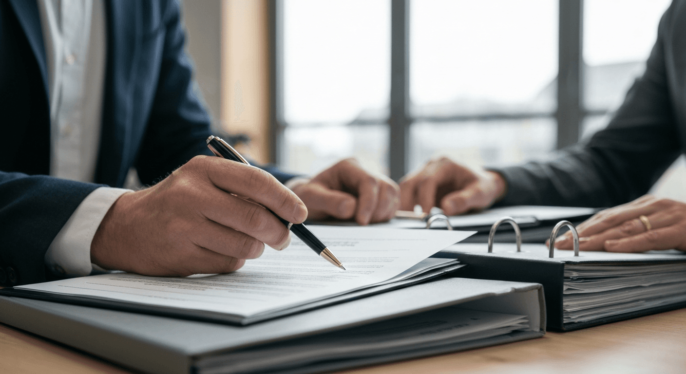 Nærbillede af underskrift på en lejekontrakt og tilhørende dokumentation.