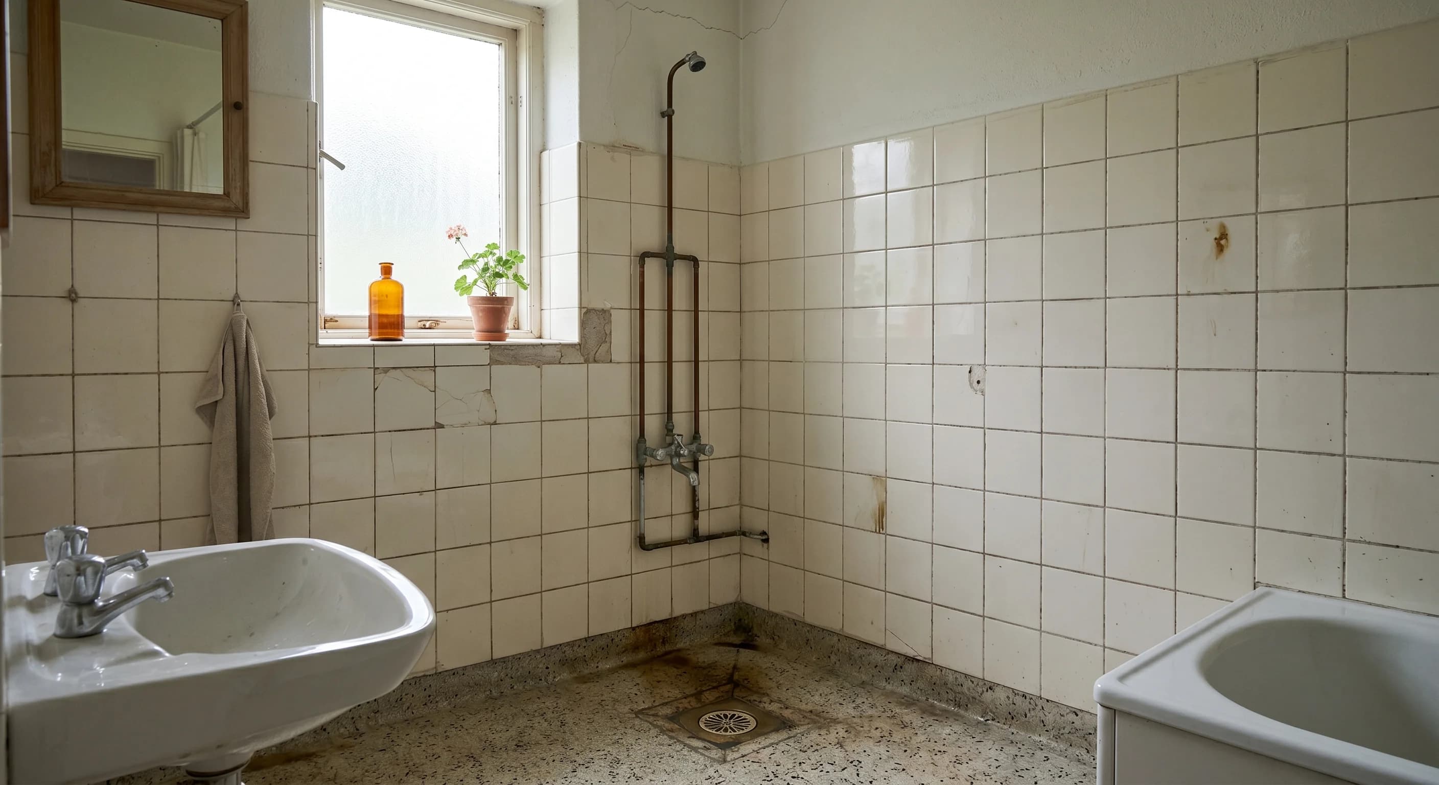 Ældre badeværelse med fliser og synlig slitage.