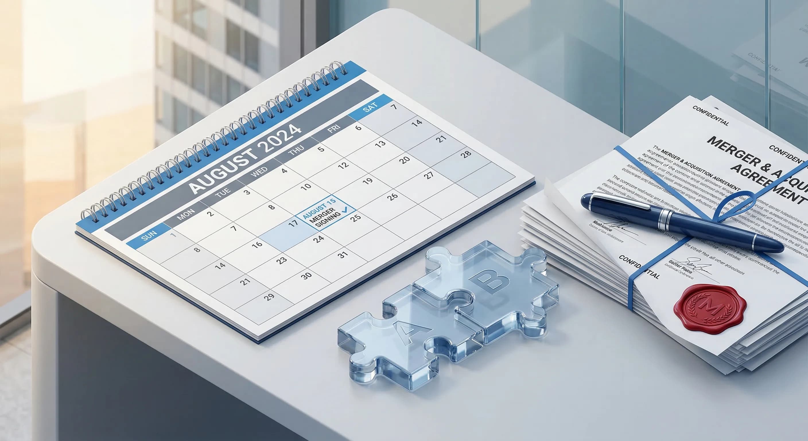 A minimalist isometric 3D scene showing a large calendar page resting on a clean white surface next to two interlocking glass puzzle pieces. A small, elegant fountain pen lies across a stack of offici
