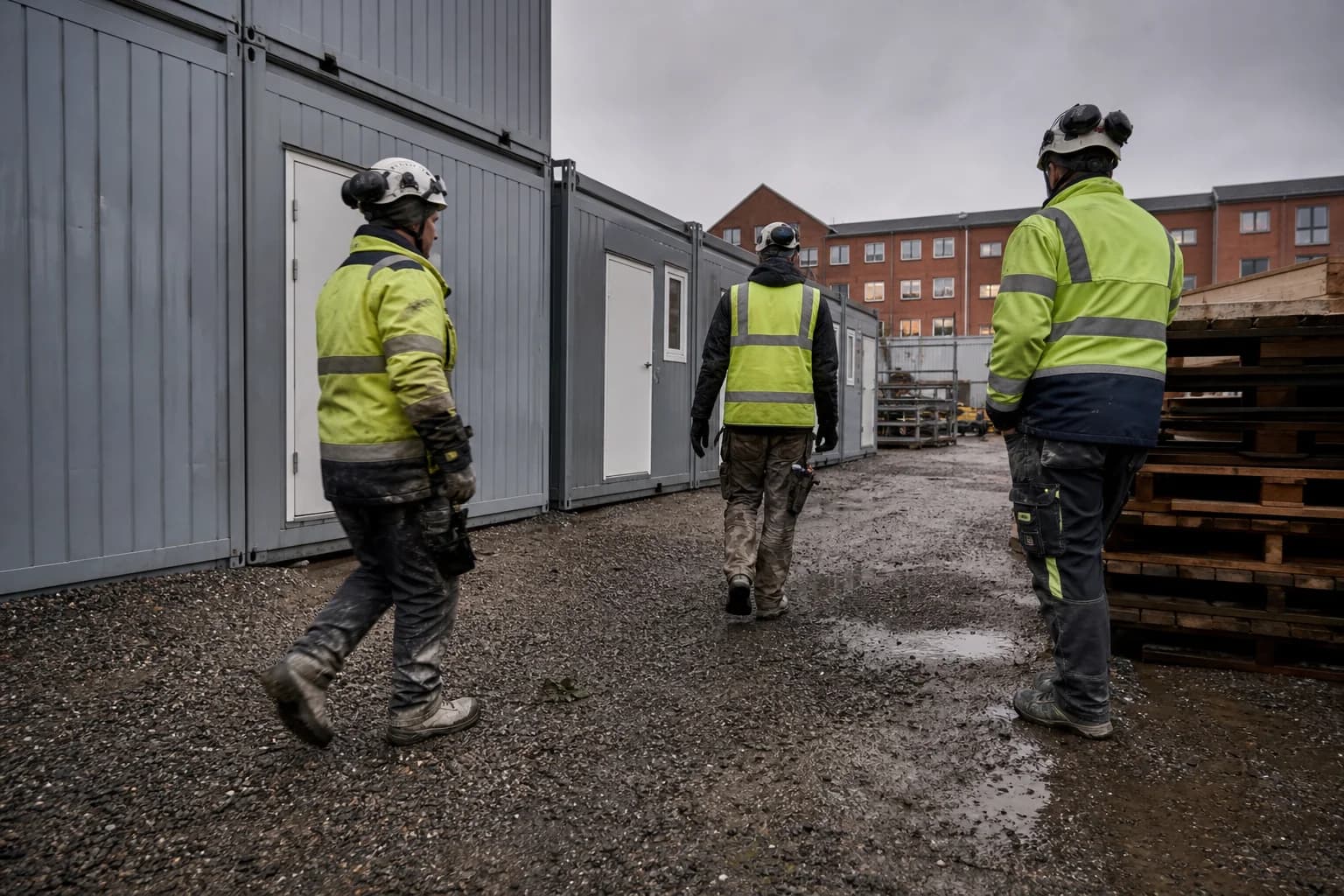 Byggeplads med internationale håndværkere i arbejde.