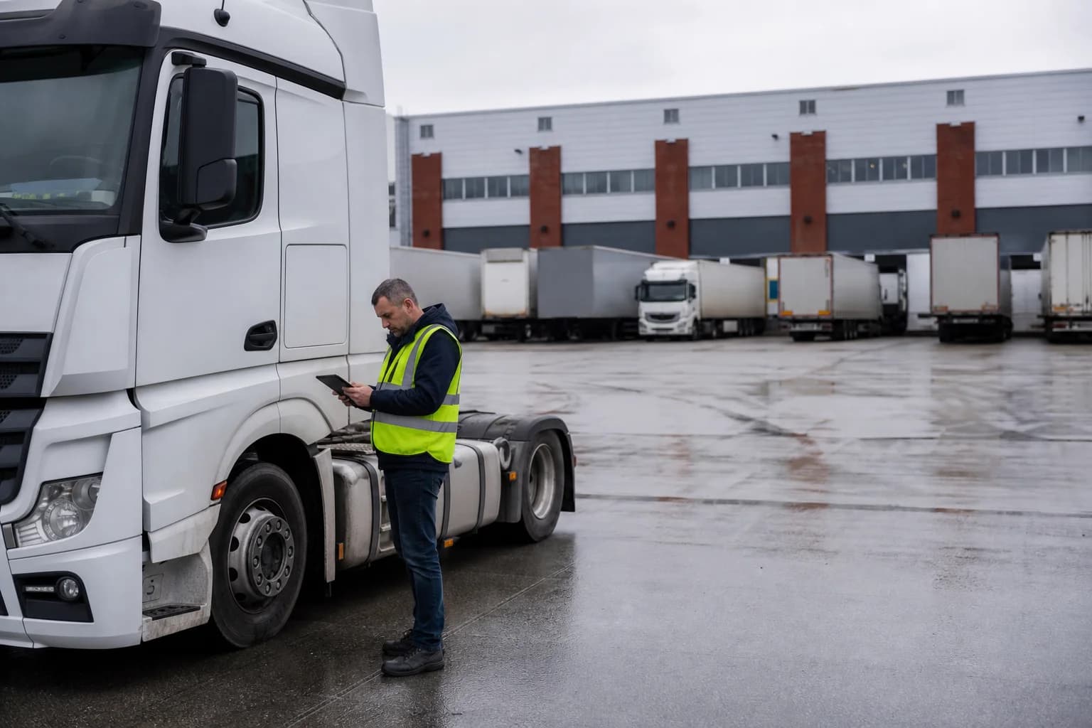 Lastbiler fra international transportvirksomhed på dansk landevej.