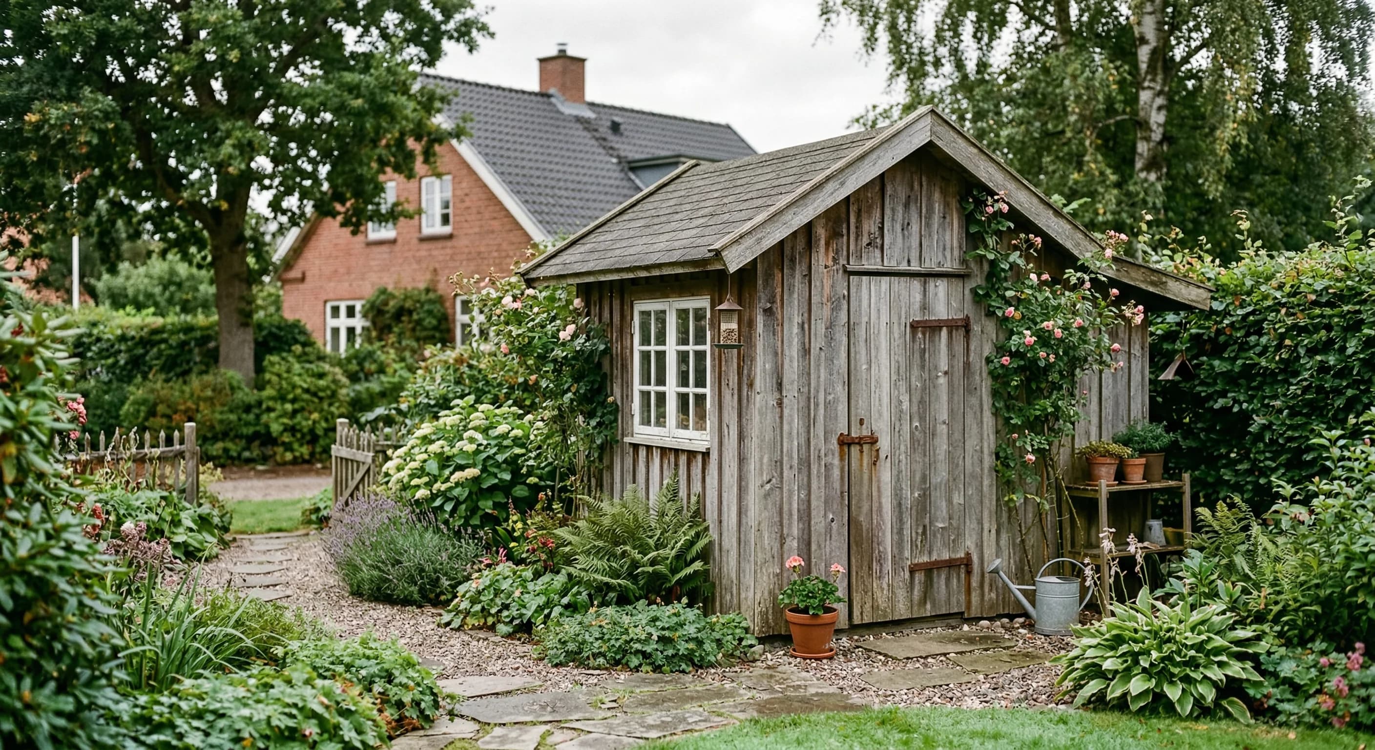 Et gammelt skur i en forhave, der har stået urørt i årtier.
