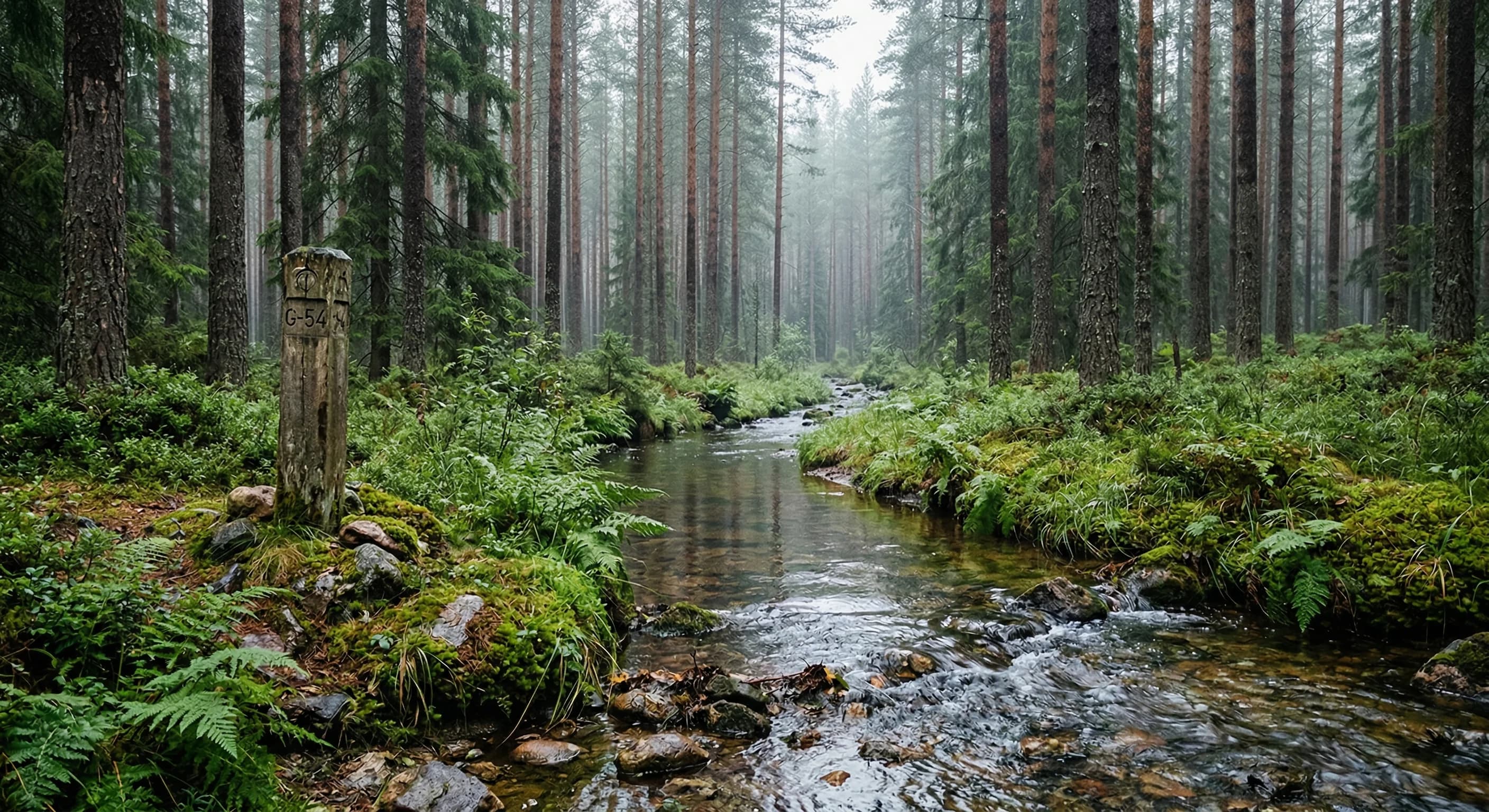 A tranquil, narrow stream winding its way through a coastal European pine forest. The forest floor is covered in moss and dry needles, with tall pine trees standing densely together. Soft, diffused na