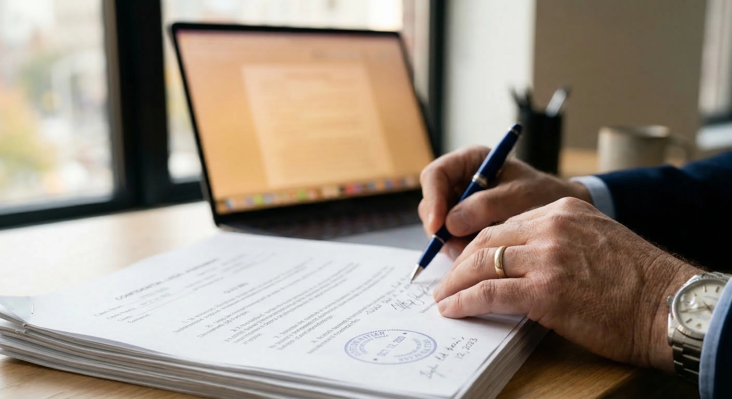 A close-up, photorealistic shot of a person's hands at a minimalist oak desk, reviewing a stack of official legal documents with official stamps. A thin modern laptop is open in the background, illumi