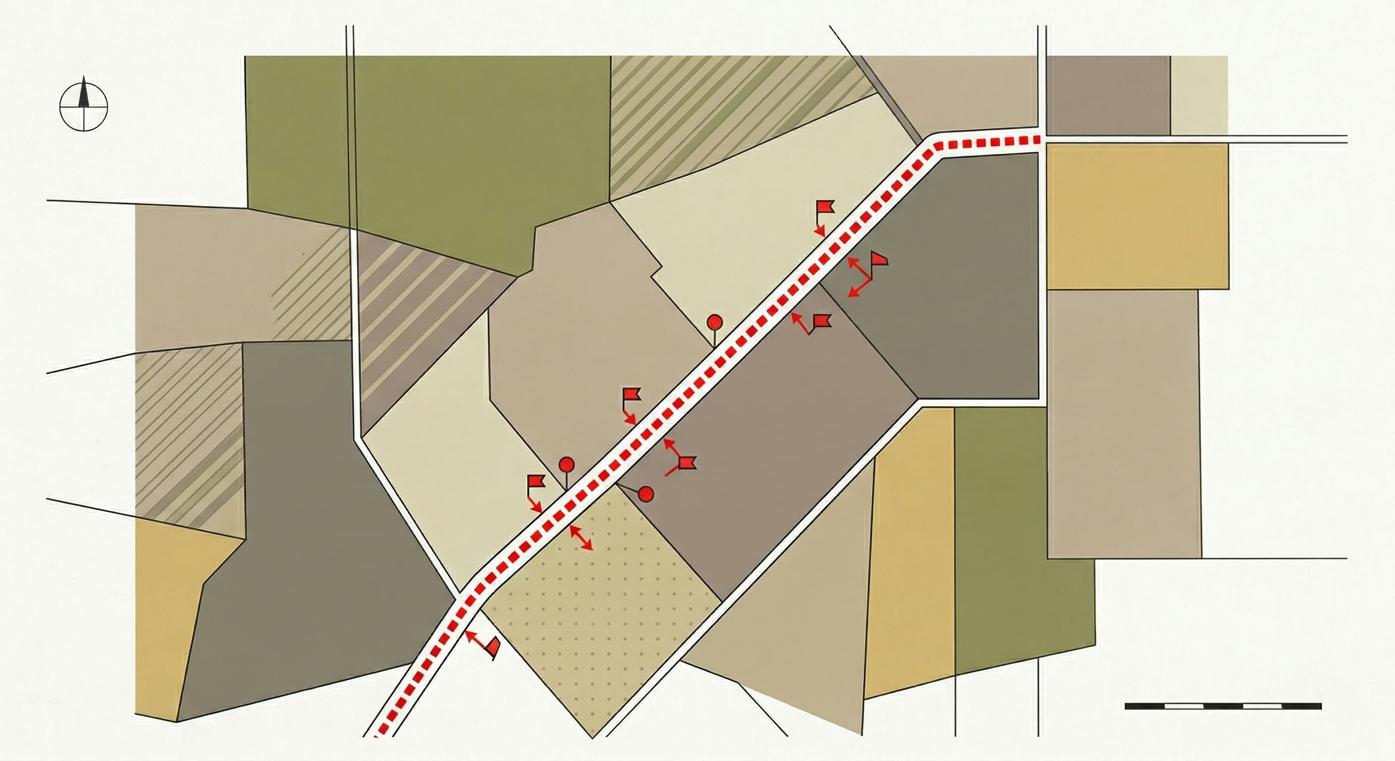 Grusvej på landet mellem marker og landbrugsejendomme.