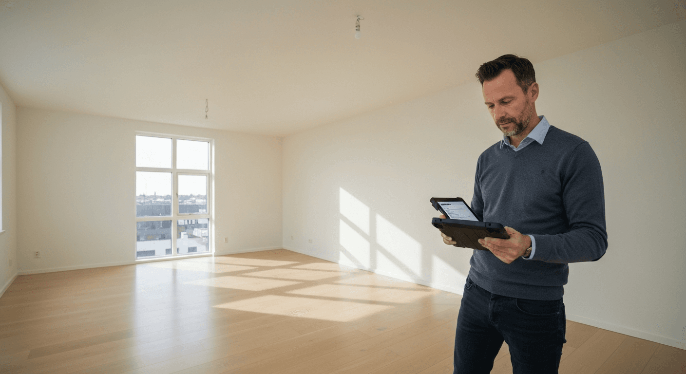 Ejendomsadministrator gennemgår lejemål med digital tjekliste på tablet for korrekt dokumentation.