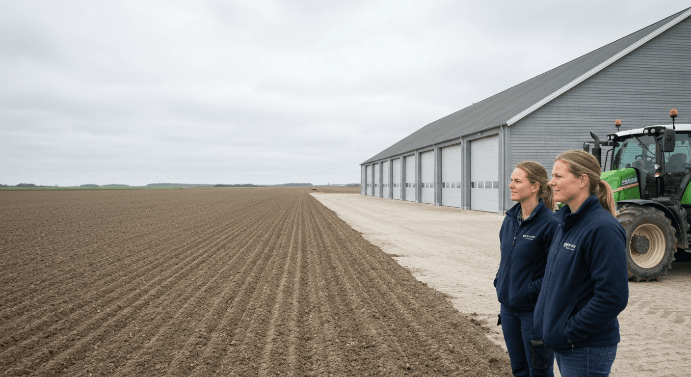 Dansk landbrugsejendom i drift symboliserer nye muligheder for generationsskifte under EU-regler.