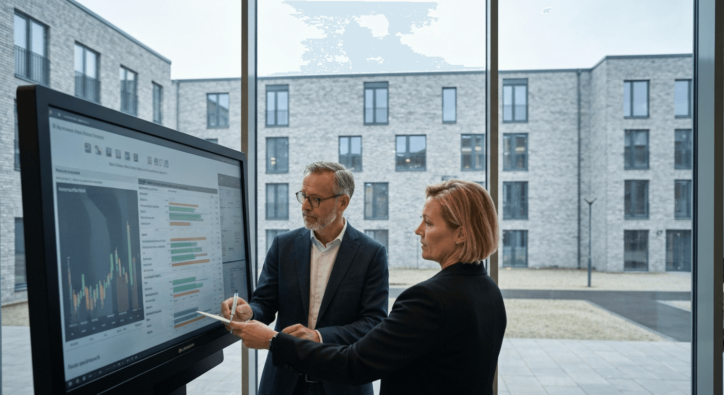 To professionelle gennemgår regnskabstal og driftsresultater for en udlejningsejendom.