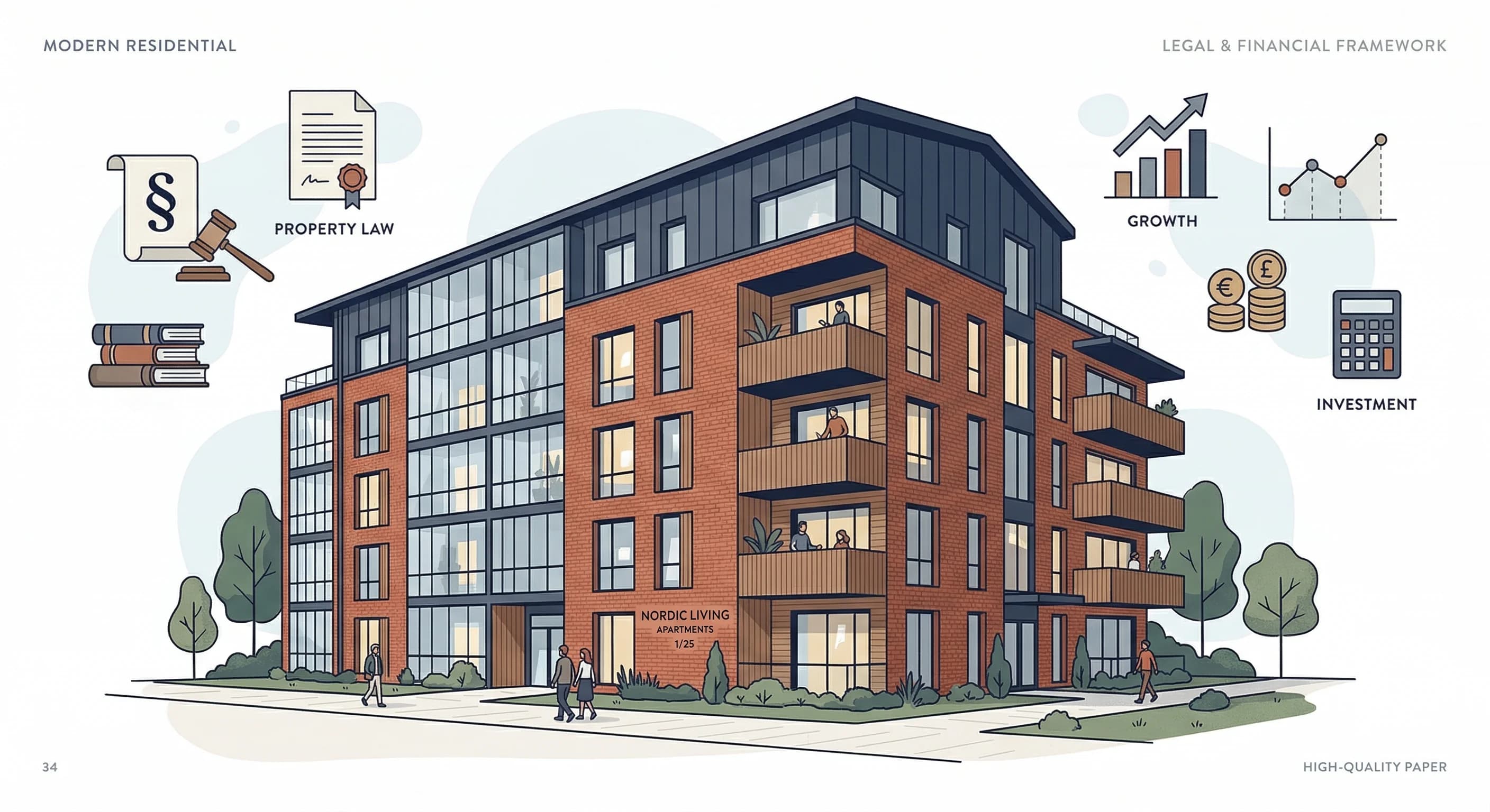 A clean editorial illustration featuring a modern multi-story residential building with Northern European architectural elements like large windows and red brick facades. Simple graphic icons represen