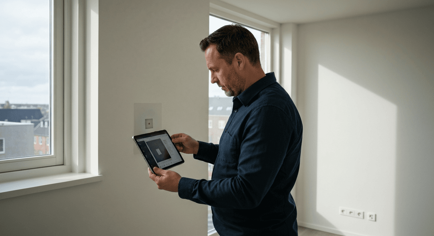 Ejendomsadministrator gennemgår digital dokumentation af lejemålets stand ved fraflytning