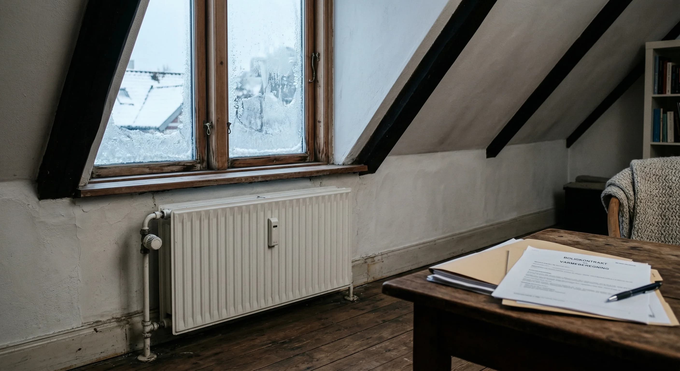 Aflæsning af varmemåler på en ældre radiator i beboelsesejendom.