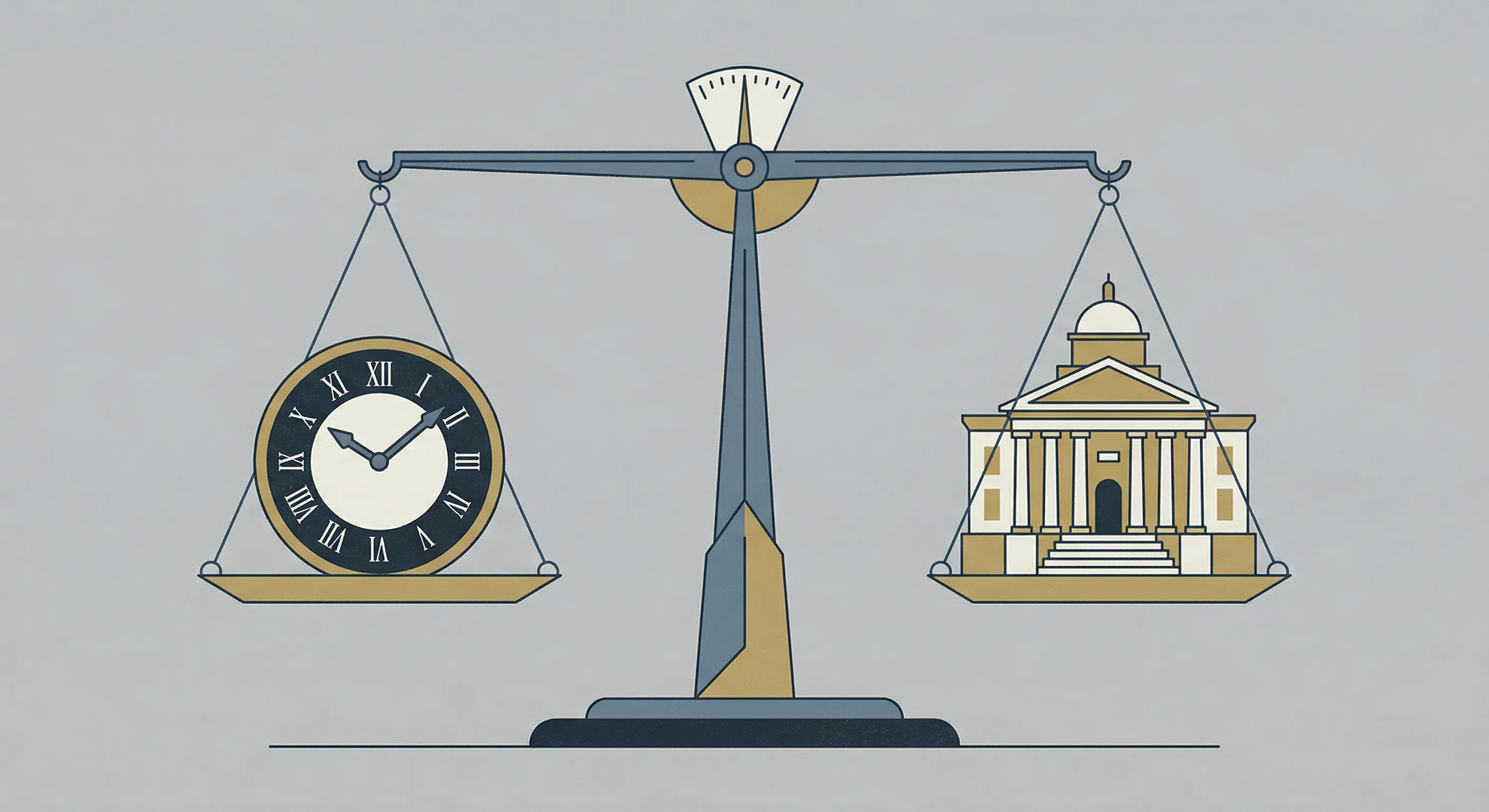 An editorial illustration in a minimalist style with a palette of slate blue, muted gold, and off-white. A large, stylized balance scale stands in the center; one tray holds a classic clock face repre