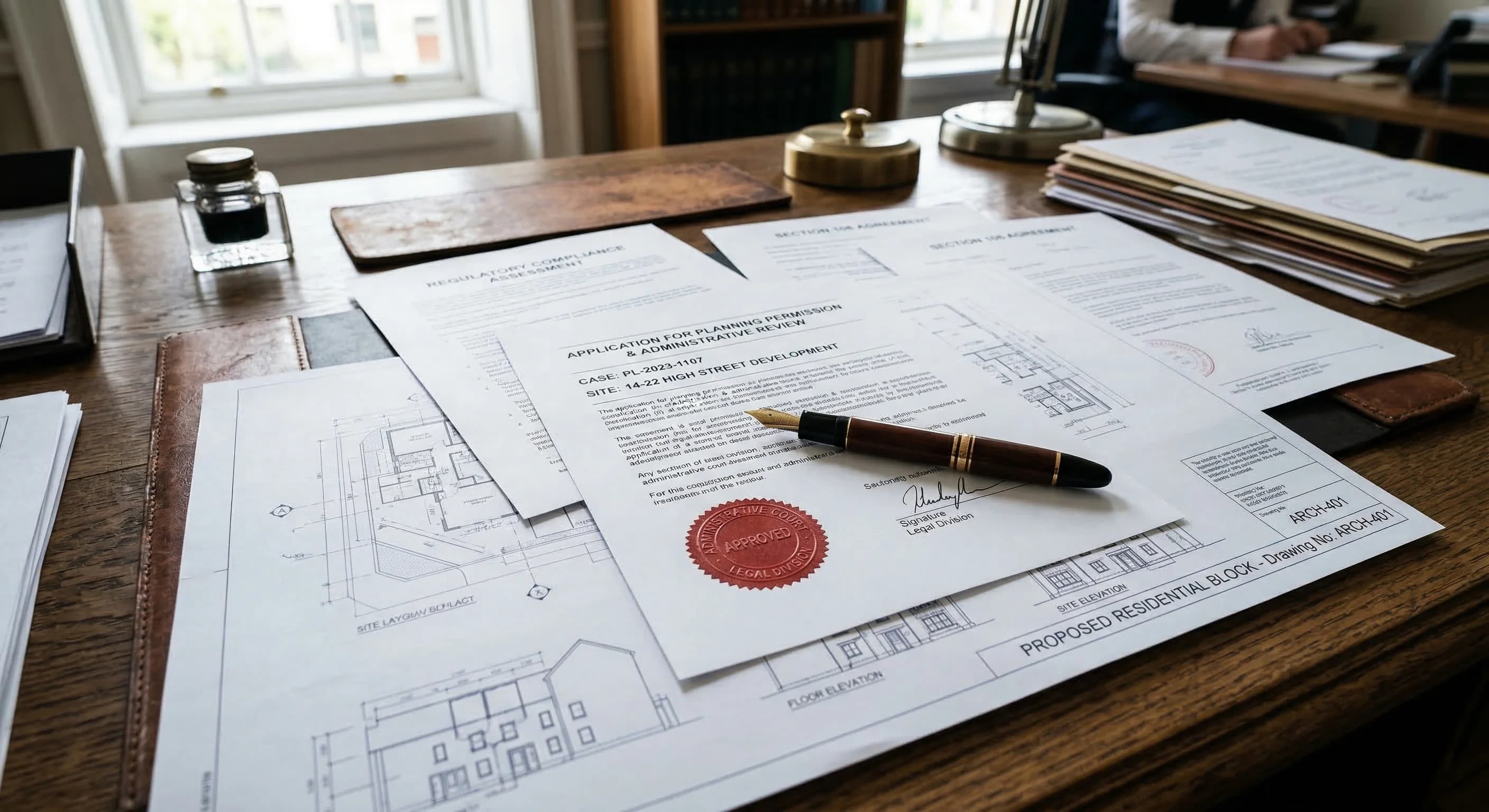 A high-angle, photorealistic close-up of a stack of official legal documents and architectural blueprints spread across a dark oak desk. A classic fountain pen rests on a document with a visible red s