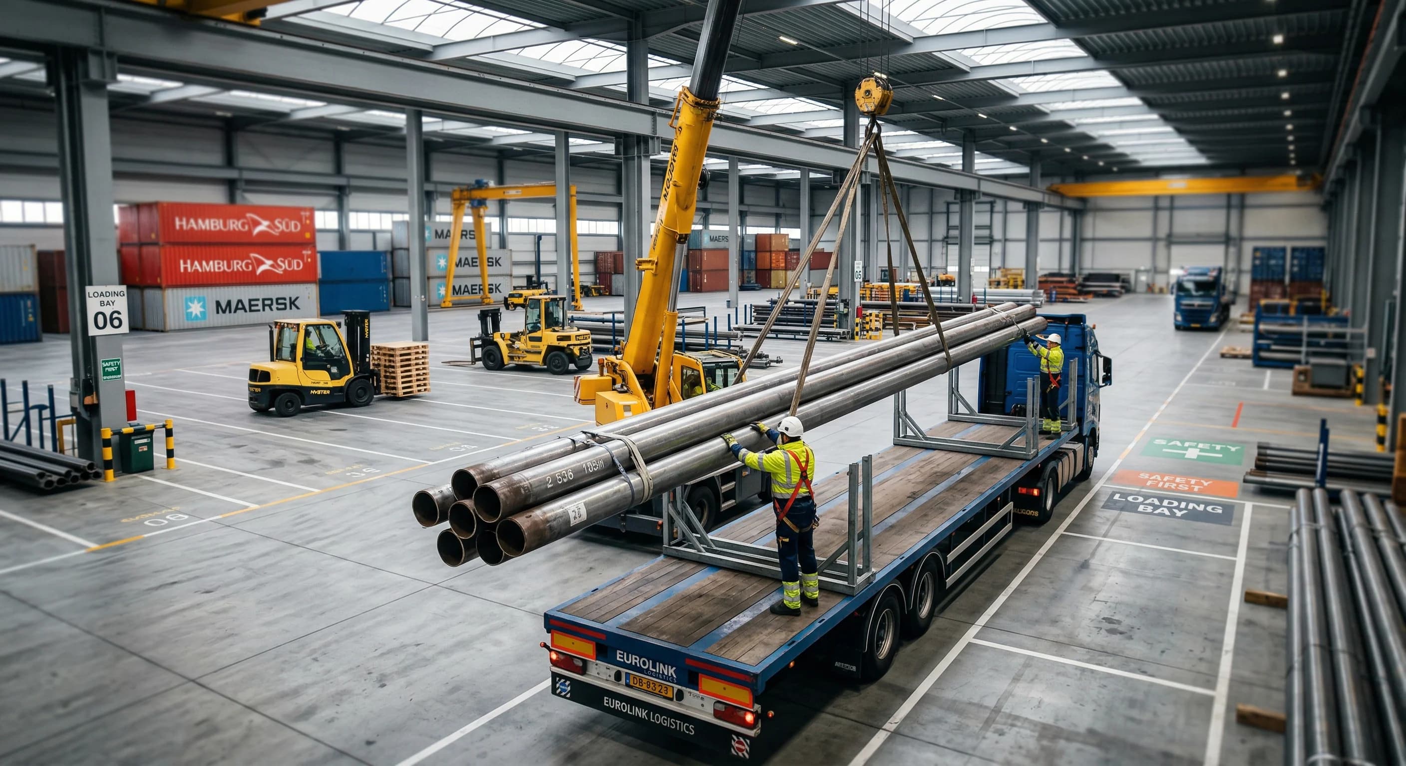 Stort langgods og paller stablet på et travlt transportlager.